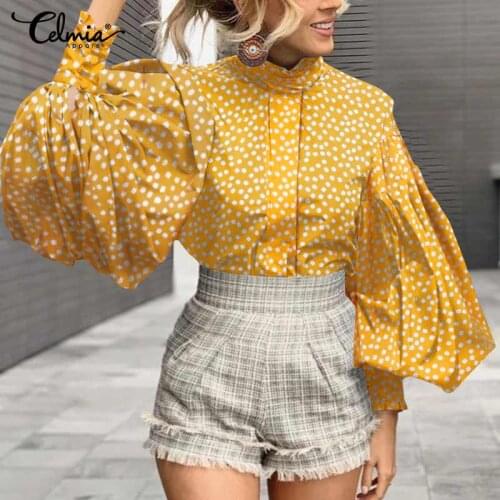 Celmia Women Floral Print Office Blouses Female Elegant Big Lantern Sleeve Blusas 2021 Fashion Stand Collar Streetwear Tops