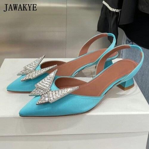 Strange Low Heel Satin Women Shoes Crystal Butterfly Slingback Party Dating Shoes Pointy Shallow Real Leather Bride Shoes Women