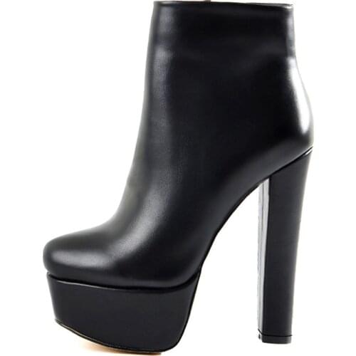 Womens Round Toe Black Matte Platform 16CM High Heel Side Zipper Ankel Boots Block Chunky Heels Large Size US5~US15 Boots