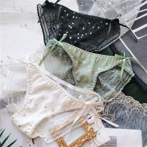 Star Panties For Girl Japanese Bow Chiffon Coast Lace Cute Sexy Lingerie Low Waist Womens Underwear Seamless Transparent Briefs