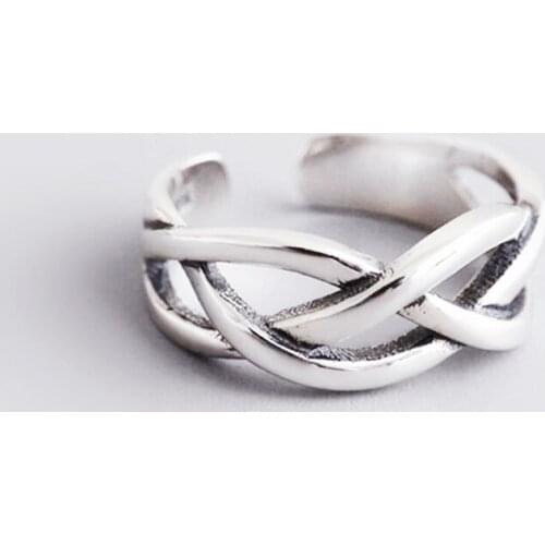 Sole Memory Retro Openwork Weave Wavy Cross 925 Sterling Silver Female Resizable Opening Rings SRI584