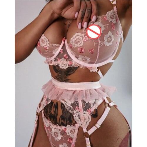 Women Floral Embroidery Set Hollow Deep V-neck Bra+Elastic Waist Panties+Mini Skirt Porn Erotic Costumes Underwear