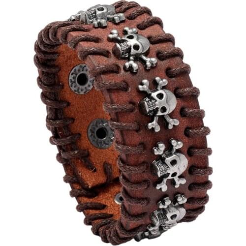 Jessingshow Gothic Funny Framework Alloy Skull Popular Biker Wide Cuff Stylish Men Leather Chic Punk Bracelet Handmade Bangle