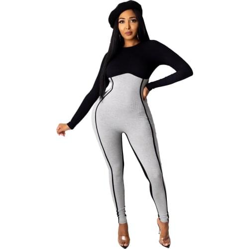 Knitted Patchwork Long Jumpsuit Sexy Bodycon Rompers Women Skinny Overalls Long Sleeve O Neck Fall Winter Spring Clothes 2021