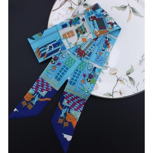 Vintage luxury Silk Scarf For Women Letter chain Printed Handle Bag Ribbons Brand Fashion Head Scarf Small Long Skinny Scarves