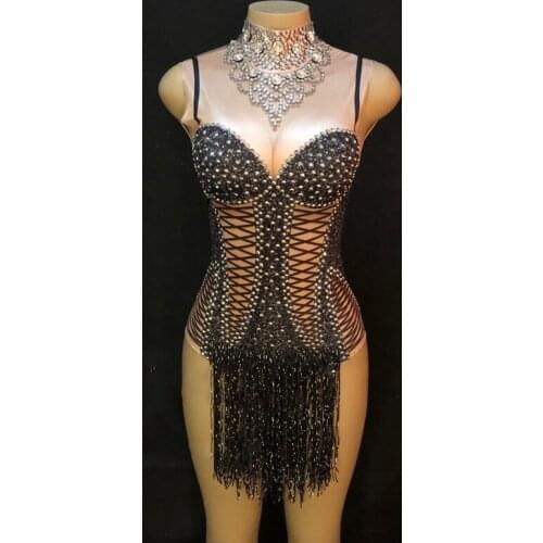 Sparkly Crystals Black Fringes Bodysuit Women Bling Rhinestones Jazz Dance Costume Stage Performance Nightclub Outfit DNV12875