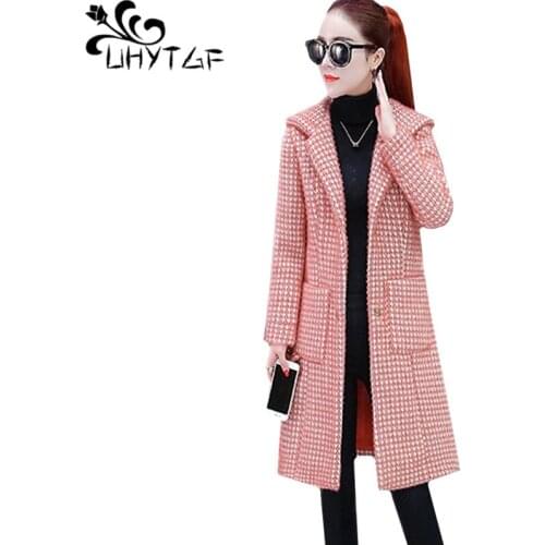 UHYTGF Autumn winter woolen coat women Quality gold Mink Cashmere wool coats Fashion plaid hooded slim female jacket Genuine 979