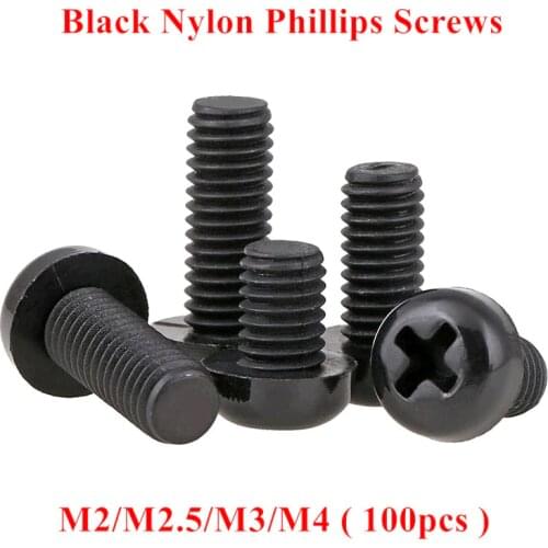 100pcs M2 M2.5 M3 M4 Black Plastic Nylon Round Pan Phillips head Machine Screws Bolts