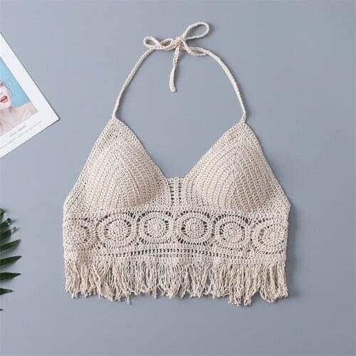 2021 Women Summer Beach Boho Clothing Crochet Hollow Out Camis Tank Tops With Tassel Camisoles Bikini Bralette Halter Cami Knit