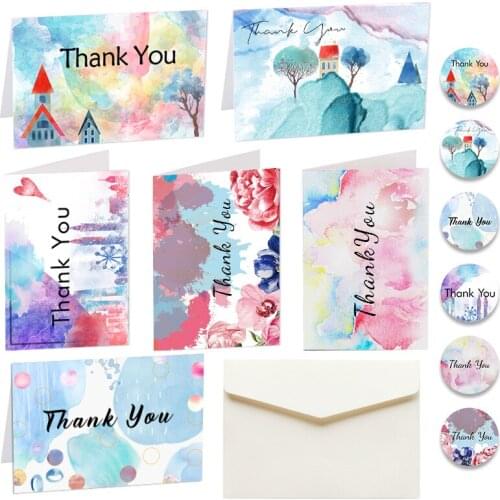 6sets Watercolor Thank You Cards Creative Floral Castle Greeting Card with Envelope Sticker Wedding Party Folding Gift Postcard