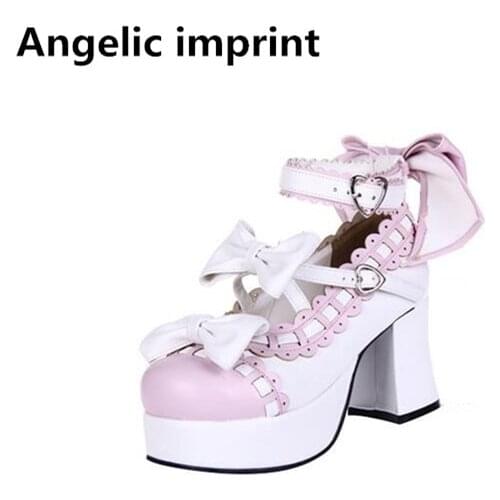 Angelic imprint woman mori girl lolita cosplay shoes lady high heels pumps women princess dress party shoes 7.5cm 33-47 3 bowtie