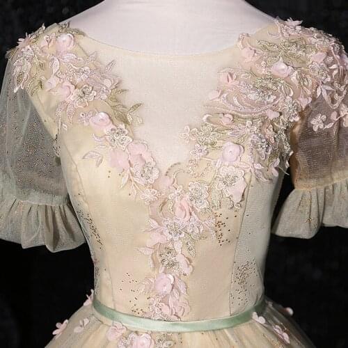 Short sleeve embroidery fower beading court ball gown royal Medieval Renaissance Victorian dress Belle ball