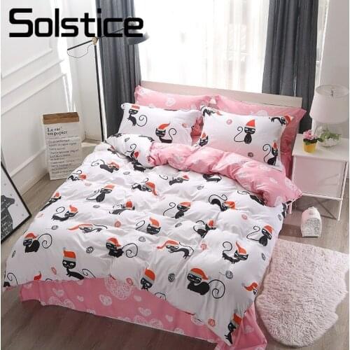 Solstice Home Textile White Pink Cute Cat Kitty Pillowcase Sheet Duvet Cover Sets Girl Adult Teen Bedding Linens Suit King Queen
