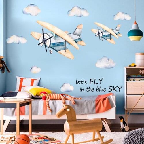 Cartoon Watercolor Airplane Cloud Decoration Stickers for Childrens Room Living Room Wall Layout Boys Gifts