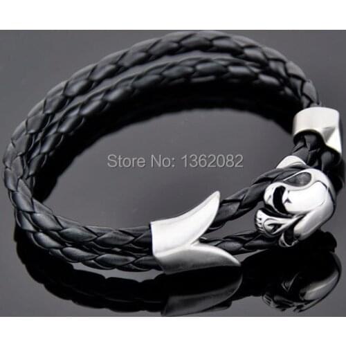 Cool Boy Mens Gothic Style Biker Vintage Silver Stainless Steel Skull Head Black Genuine Leather Bracelet Handwoven Bangle MB21
