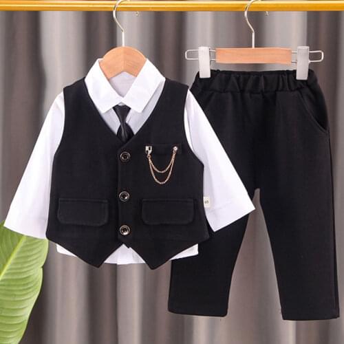2020 childrens clothing boys cotton plaid suit suit turn-down tie long sleeve suit childrens tie gentleman three-piece suit