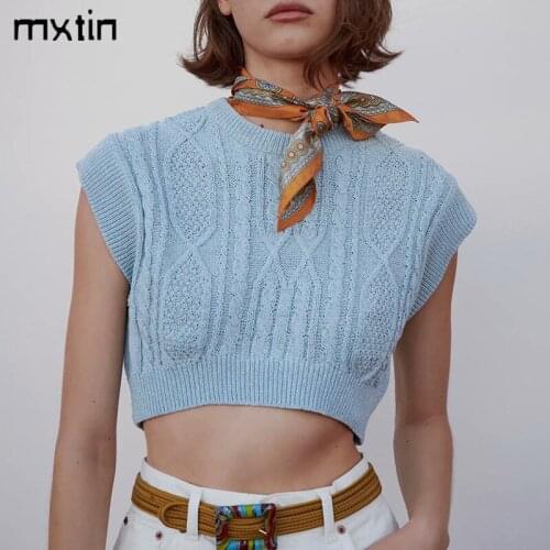 MXTIN 2021 Women Spring Vintage Solid Knitted Pullover Cropped Vest Sweater Fashion O Neck Sleeveless Female Waistcoat Chic Tops