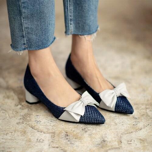 The New Women Shoes Pumps Pointed Toe Thick Heels Spring Ladies Low Heels Slip On Casual Shoes 2021 blue black grayLarge Size 43
