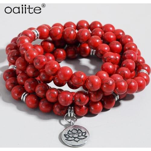 OAIITE Natural Stone Beads Bracelets 8mm 108 Red Howlite Beaded Strand LoTUS Mala Bracelet&Necklece for Women Men Jewelry