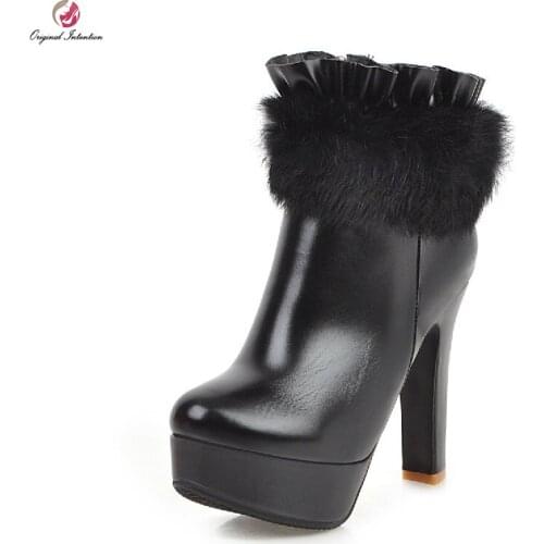 Original Intention Fashion High Quality Black Red White Ankle Boots Woman High Platform Faux Fur Round Toe High Heels Shoes