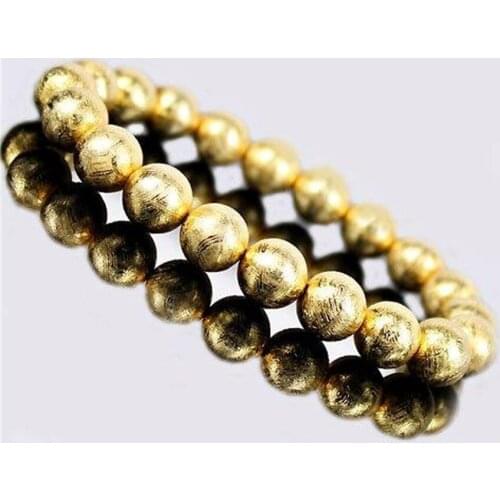 Genuine Natural Gibeon Iron Meteorite Golden Plated Fashion Jewelry Bracelets For Women Men Round Stretch Bead Bracelet 9mm