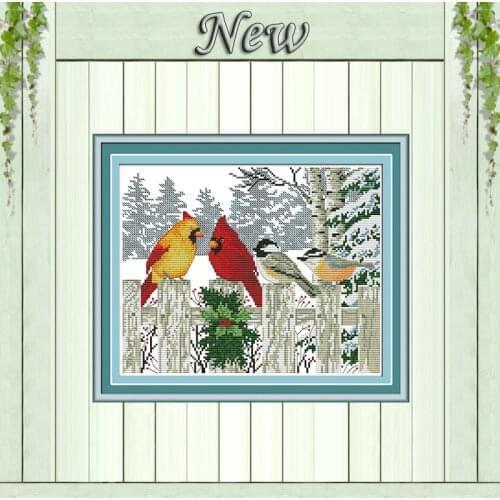 Birds on the fence in winter diy DMC 14CT 11CT Counted print on canvas Cross Stitch Embroidery Sets Needlework kits decor animal