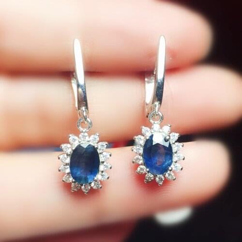 Natural real dark sapphire hoop earring Per jewelry 5*7mm 1ct*2pcs gemstone 925 sterling silver Fine jewelry X21755