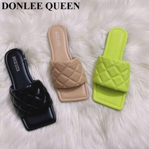 Big Size 35-41 Slippers Women Flat Square Toe Slides Beach Flip Flops Fashion Embroidery Sandal Gingham Slipper Apple Green Shoe