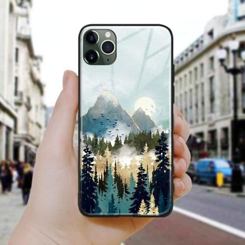 Misty Pines Nordic Abstract Nature Silicone Glass Phone Case Cover Shell For iPhone SE 6 6s 7 8 Plus X XR XS 11 12 Mini Pro Max