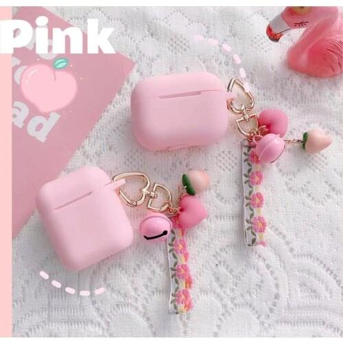 Cute Earphone Case for Apple Airpods 1 2 3 Soft Silicone Wireless Bluetooth Headphone Protective Cover With Peach Key Chain