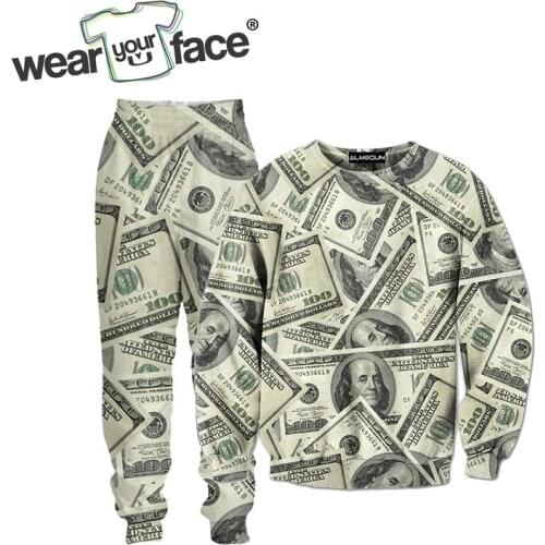 US Dollars Collage 3D All Over Printed Crewneck Sweatshirts Sweatpants Tracksuits Streetwear Kid Women Men Sets US Size Dropship