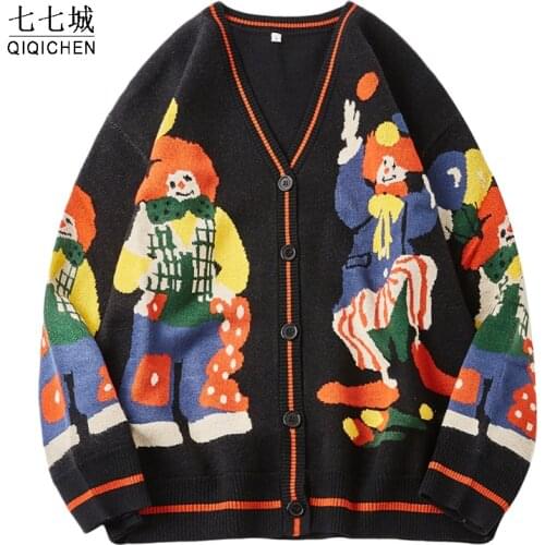 Christmas Knitted Sweater Women Cardigan Oversized Streetwear Knit Jumper Funny Clown Print Cotton Mens Harajuku Knit Coats