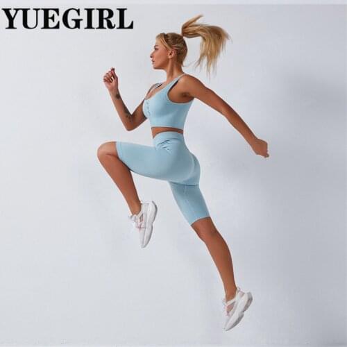 Crochet seamless GYM set women Fitness clothing pants Top Sportswear Buttons workout Sports leggings 2020 Gym Tights Tracksuit