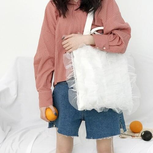 Women Bag Canvas Lace Tote Bag Korean Ruffles Ladylike Shoulder Bags High-capacity Handbag Princess Style Shopping Bag