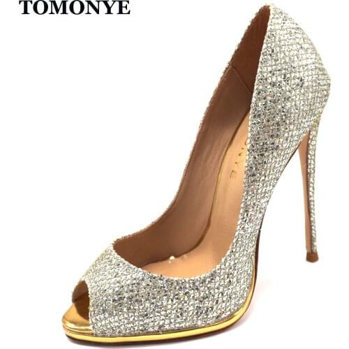 TOMONYE light glitter shinny peep toe women extremely thin high heel pumps with platform custom made spring autumn summer shoes