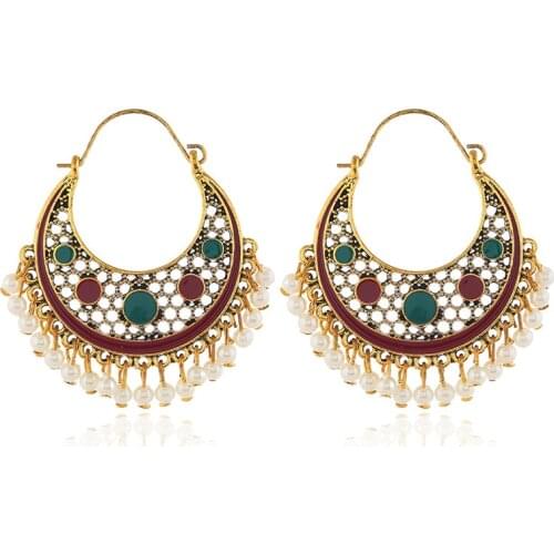 Egypt Womens Indian Jhumka Earrings Big Geometric Pearl Drop Long Tassel Earrings For Female Boho Gypsy Statement Jewelry