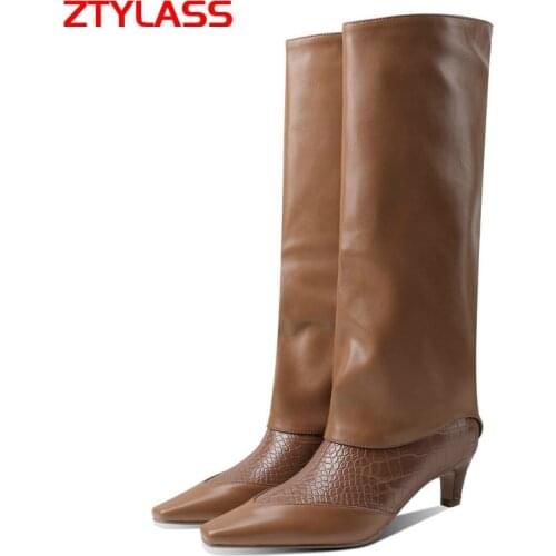 Black Brown White Women Westren Boots Fashion Slip On Square Toe Knee High Boots Lady Low Heel Faux Leather Autumn Winter Shoes