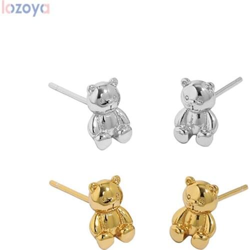 Lozoya 925 Sterling Silver Gold Women Crystal Plain Little Bear Stud Earring Women Tiny Jewelry 2021 Wedding Party Jewels Gift