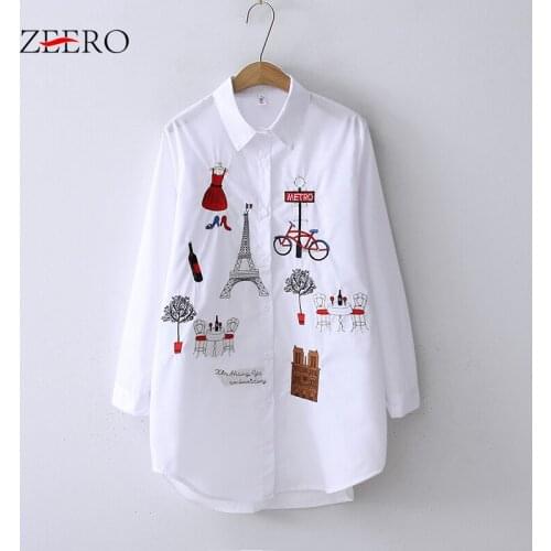 2021 Spring Summer 100% Cotton Cartoon Embroidery Womens Tops Female Casual Loose Long Sleeve Mid-length White Shirts Blouses