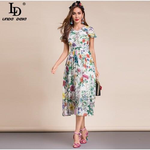 LD LINDA DELLA Summer Fashion Runway Designer Dress Women V-neck Short sleeve Beading Floral print Elegant Holiday Party Dress