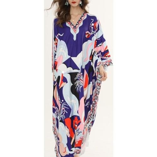 2021 Autumn Floor-Length Dress Women Fashion Design V-Neck Printed Batwing Sleeve Bohemian Vacation Party Dress Robe