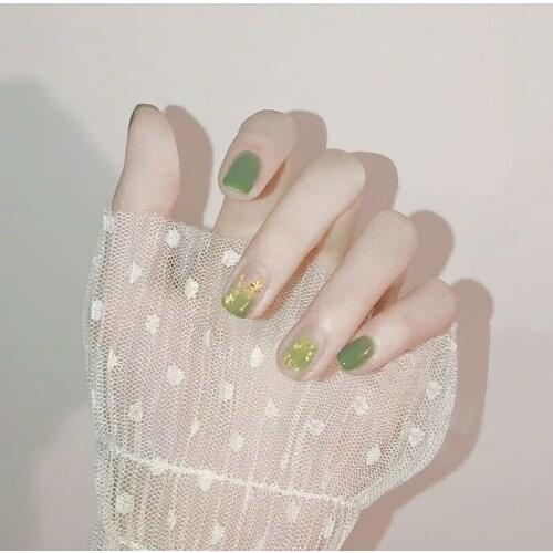 24pcs Short Green Gradient False Nails Bronzing Star Design Cute Waterproof Glue Press On Fake Nails UV Korean Student Manicure