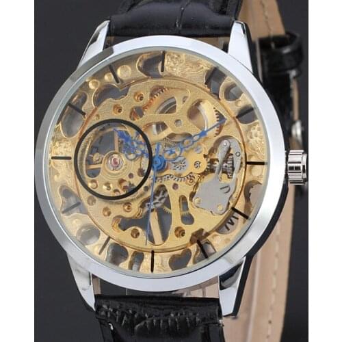 50pcs/lot winner-D152 super skeleton winner watch hollow out mechanical watch high quality leather watch casual men watch