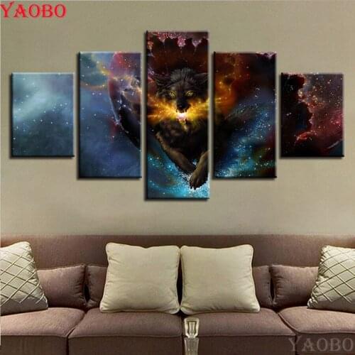 5d diy diamond painting full square/round diamond embroidery 5 Pieces Abstract Galaxy Fire Wolf picture mosaic home decoration