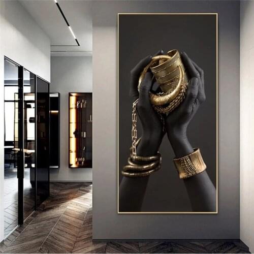 African Woman Art Paintings On the Wall Art Posters And Prints Black Hands Holding Golden Jewellery Canvas Pictures Home Decor