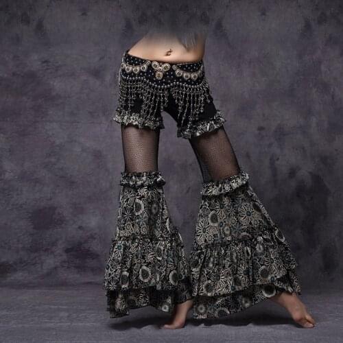 New Style Belly Dance Pants India Type Dancing Pants Black Lace Bohemian Printing Pants TV Show Stage Performance Suits
