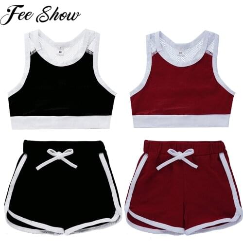 Kids Girls Clothing Set Mesh Patchwork Casual Sport Suit Sleeveless Sports Crop Tops Sport Shorts Pants 2Pcs Active Outfits