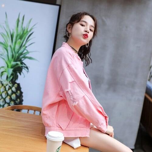 Korean Style Denim Coat Solid Color Long-sleeved Casual Loose Slim Embroidery Hole Coat 2019 Autumn New Womens Clothing