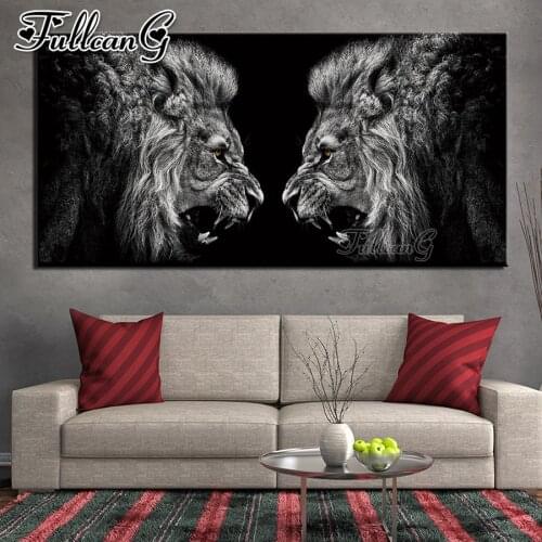 FULLCANG Black and white lion animals large diamond painting 5d diy full square round mosaic embroidery kit decoration FC3654