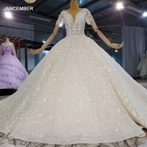 HTL2166 Ivory White Luxury Wedding Dress Wedding Lace V-neck Shiny 2021 New Short Sleeve Backless Flower Dress свадьба платье